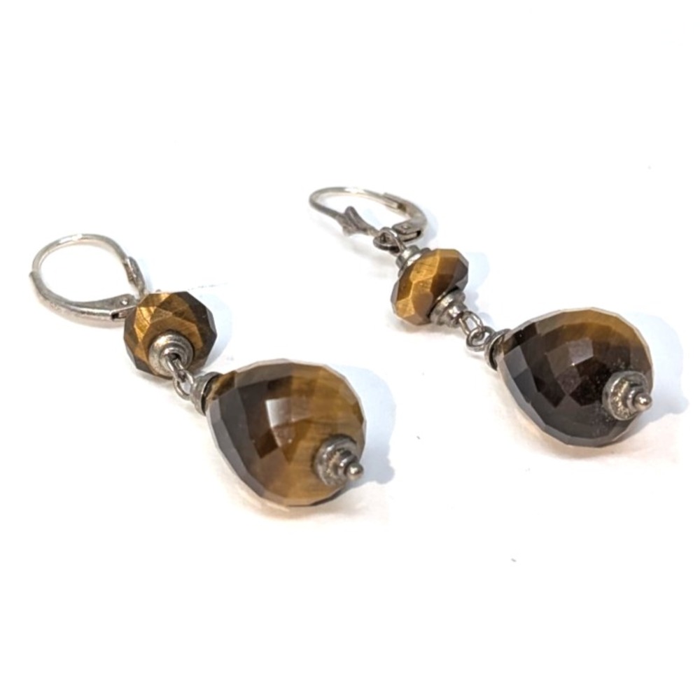 Faceted Tiger's Eye Teardrop Dangle Earrings Lever Back Golden Brown Gemstone